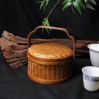 Panier en bambou tressé avec couvercle, style chinois vintage, petite boîte de rangement avec poignée en bois pour cérémonie du thé et emballage cadeau