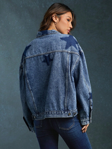 Veste en <span class=keywords><strong>jean</strong></span> décontractée pour <span class=keywords><strong>femme</strong></span> Veste en <span class=keywords><strong>jean</strong></span> vintage oversize avec imprimé étoiles léopard Manteau avec poches - Product Image 3
