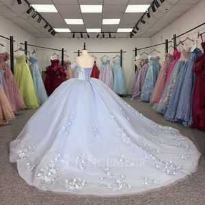 Robe de bal de Quinceañera bleu clair Dy1309-2 avec appliques en mousseline, taille naturelle, longueur maxi, antistatique, 100 % coton, style soirée - Product Image 2