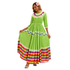 Vestido largo de estilo étnico mexicano para mujer, disfraz para actuación en escenario, verde, amarillo, talla para adultos - Product Image 2