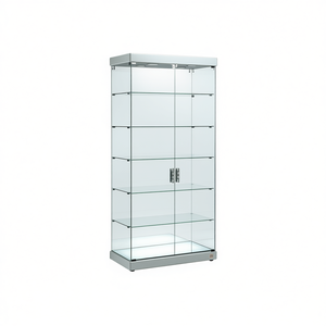 Vitrine moderne en verre 93x53x200 cm gris clair, portes battantes verrouillables, 5 étagères, éclairage LED, base miroir - Product Image 2