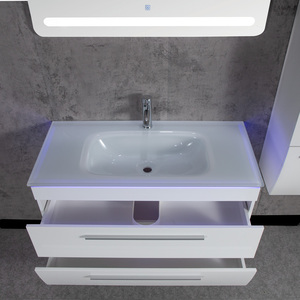 Meuble de salle de bain moderne avec cadre mural sans cadre, éclairage LED, en céramique avec lavabo en verre - Product Image 4