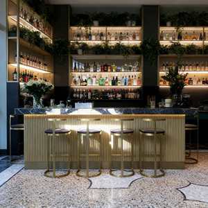 Barra de <span class=keywords><strong>Bar</strong></span> Premium con Panel Dorado a Rayas e Iluminación LED, Estación de <span class=keywords><strong>Bar</strong></span> con Cubierta de Mármol para Locales de Hostelería de Lujo - Product Image 2