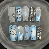 Uñas Postizas Metálicas Estilo InS con Diseño de Mariposa Azul y Serpiente Plateada, Uñas Postizas Y2K para Chicas Modernas, Uñas Postizas Brillantes para los Dedos
