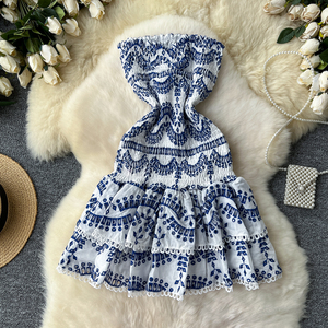Túnica sin tirantes de vacaciones de verano, vestido Midi plisado ajustado para mujer, vestido de encaje con volantes calado bordado sin mangas <span class=keywords><strong>Bla</strong></span> - Product Image 2
