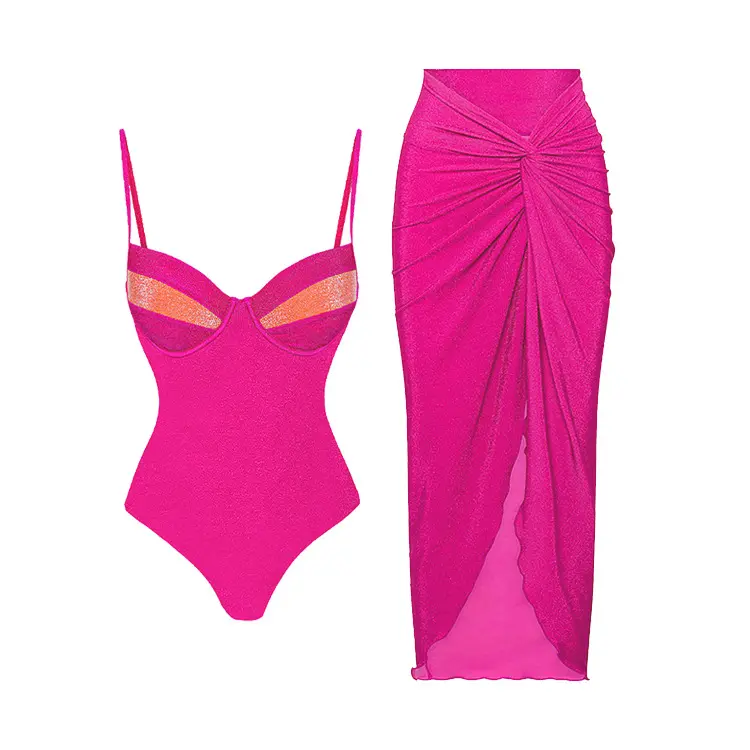 2024 thời trang Underwire một mảnh đồ bơi + sarong cho phụ nữ đẩy lên rắn tắm phù hợp với áo tắm chắp vá trajes de Bano OEM