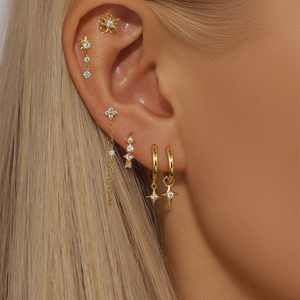 Aretes CANNER de Plata Esterlina 925 con Estrella de Cuatro Puntas y Estrella de Ocho Puntas, Aretes de Zirconia con Cadena de Flores para Mujer - Product Image 2