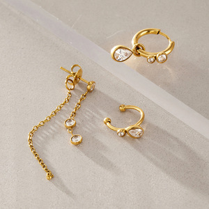 Juego de Aretes 3 en 1 de Acero Inoxidable con Oro de 18K y Circonitas, Diseño de Borla Delantera y Trasera, Lágrima, Huggie y Clip, Hipoalergénicos, Joyería Fina para Regalo - Product Image 4