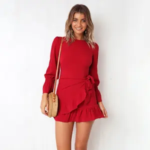 Women High quality solid color long sleeve round collar mini Ruffled casual dress