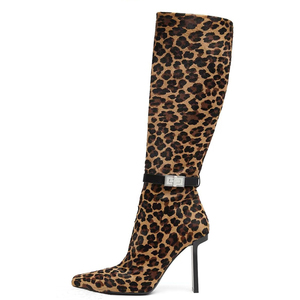 Nouvelles bottes hautes pour femmes à imprimé léopard, bout carré, en daim, avec boucles à la cheville, talons épais, bottes longues, taille 44, chaussures personnalisées - Product Image 2