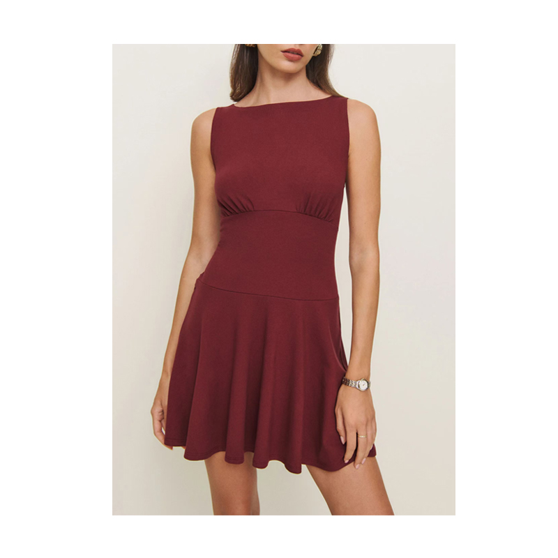 Burgundy Maroon Boat Neck Sleeveless Mini Dress - Elegant