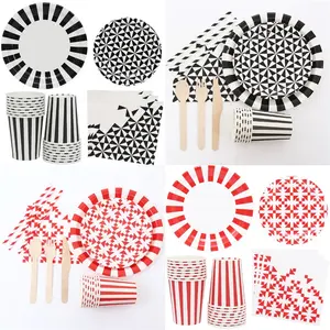 Party Tableware Set General Style Black Red Striped Birthday Party Set Decorative Props Paper Tray Tissue
