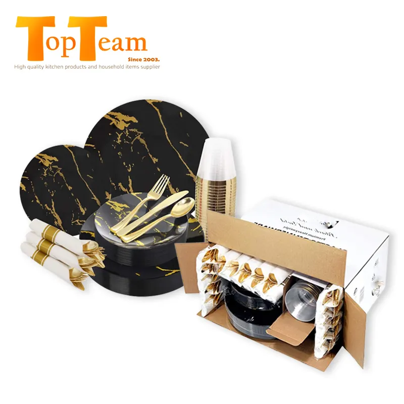 Conjunto de placas douradas de design de mármore, conjunto de louças e guardanapos preto e dourado, copo de plástico para festas