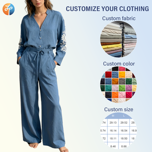 Completo da <span class=keywords><strong>donna</strong></span> vintage 2026 con ricamo Paisley, due pezzi, ampio e traspirante, in misto <span class=keywords><strong>lino</strong></span> e lyocell: camicia e <span class=keywords><strong>pantaloni</strong></span> a gamba larga casual - Product Image 2