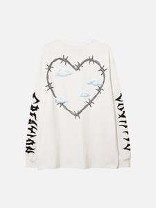 เสื้อยืดแขนยาวสีดำพิมพ์ลายหัวใจลวดหนามและเมฆ คอกลม ทรงหลวม ใส่ได้ทั้งชายและหญิง ทุกฤดูกาล - Product Image 4