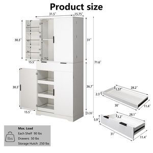 Armoire de cuisine cannelée de 72 pouces avec 3 tiroirs pour claviers, 6 portes et étagères, blanche, autoportante, modèle de rangement ajustable - Product Image 5