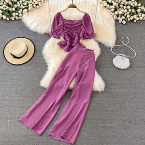 Completo Casual da donna pantaloni larghi a vita alta Set due pezzi <span class=keywords><strong>con</strong></span> collo quadrato camicia corta Slim Fit - Product Image 2