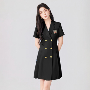 Career Dress Women Short Sleeve Double Breasted Black Pleated Workwear Office Uniform Solid Color Notched Neckline Comfortable - Product Image 4