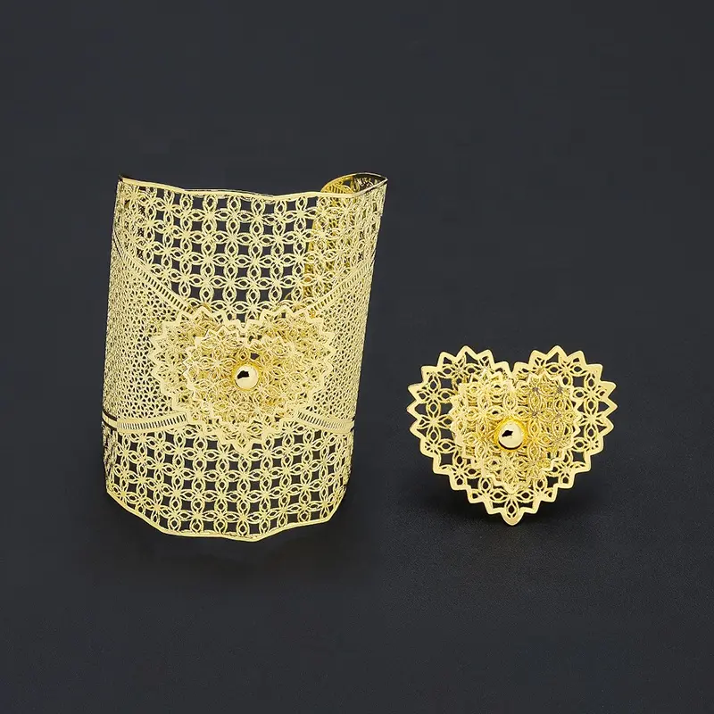 2024 brass jewelry 2pcs set 24k gold plated 'jewelery' gift ring bracelet bangle open cuff design african indian jewellery set