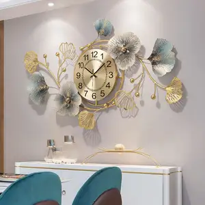 Ready to ship luxury Modern Leaf shape Wall Clock Hanging Art Gold Metal Wall watch For Home living room decorations