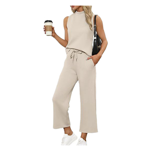 Trajes de verano de dos piezas para mujer, Tops con cuello simulado de patrón sólido con pantalones cortos de pierna ancha para viajes de vacaciones para conjuntos de salón - Product Image 4