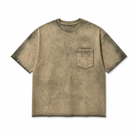 T-shirt Homme Lourd 330 GSM en Coton Pur, Délavé à l'Acide, Effet Vintage Monkey Spray, avec Poche, Style Streetwear, Uni