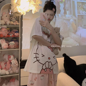 <span class=keywords><strong>Pigiama</strong></span> Estivo da Casa per Ragazze, Completo <span class=keywords><strong>Corto</strong></span> e Lungo, Bianco, Rosa, con Cuori, Hello Kitty, Pantaloni Floreali Rosa, Set <span class=keywords><strong>Pigiama</strong></span> - Product Image 3