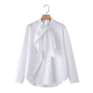 Camicetta <span class=keywords><strong>Elegante</strong></span> da Ufficio Zevity in Cotone Bianco per Donna, Manica Lunga con Fiocco, Camicia Business Personalizzabile con Logo, <span class=keywords><strong>Top</strong></span> Comodo da Donna - Product Image 1