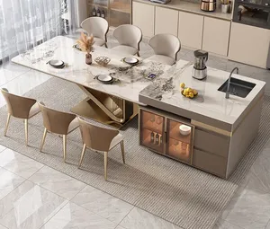 Sinterlenmiş taş ada masa tek parça lavabo işık ile ölçeklenebilir lüks High end Villa açık mutfak