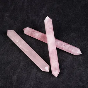 Wholesale Healing Natural Crystal Handmade Rose Quartz Points Ornament Carving Crystal Double Points Wand For Decor