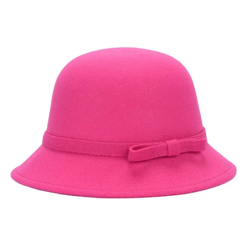 Mulheres Inverno Lã Sentiu Balde chapéu Vintage Bowknot Igreja Bowler Cloche Chapéu Quente chapéu