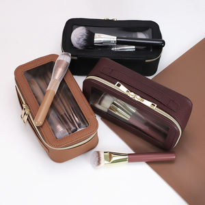 Pochette de maquillage personnalisée en cuir PU imperméable de couleur marron avec fenêtre transparente, fermeture éclair rouge, sac de rangement cosmétique portable, trousse de toilette - Product Image 1