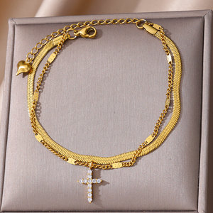 Pulsera de tobillo de acero inoxidable chapada en oro con cadena de serpiente y colgante de cruz para pies - Product Image 2