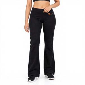 Tiierwear <b>Women's</b> High Waist Flare Pants Solid <b>Black</b> Knitted Spandex Cotton Elastic Waist Loose Fit Full Length Casual Spring - Product Image 1