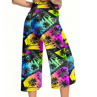 Pantalones cortos con estampado de palmeras tropicales de neón para mujer, pantalones capri de yoga de cintura alta con cordón, patrón geométrico, ropa de verano