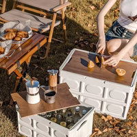 Boîte de rangement pliable rectangulaire de grande capacité pour l'extérieur, avec couvercle en bois, pour le camping, le pique-nique, le barbecue, imperméable, empilable, pour le coffre de voiture