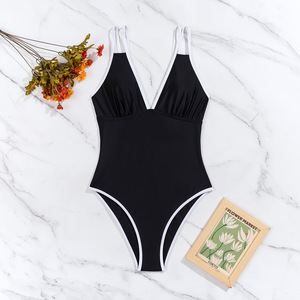 Traje de baño negro de una pieza para mujer, cuello en V, adelgazante, con almohadillas para sujetador, sin aros, traje de baño de fibra de poliéster, S, M, L, XL, XXL - Product Image 2