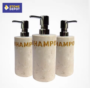 Distributeur de savon liquide en marbre beige de Bali - Design moderne, pompe à mousse, diamètre 8 cm, hauteur 15,5 cm, utilisation hôtelière, lot de 4 pièces - Product Image 5