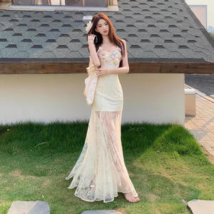 Vestido Largo de Verano para Mujer, Estilo Francés, con Encaje Floral, Malla Transpirable, Crepé, Elegante, Línea A, Blanco, Sin Tirantes, Natural - Product Image 3