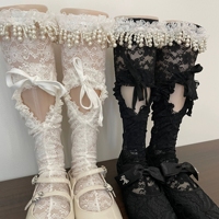 Chaussettes blanches en dentelle au-dessus du genou en polyester, avec nœud papillon, haut de gamme, effet froncé, en maille de soie, à lacets ouverts, pour femme et fille, avec volants