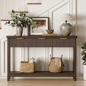 Table console longue SENYU style farmhouse avec design cannelé, table de canapé étroite en bois massif pour entrée, couloir, salon - Product Image 3