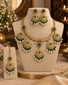 Gold Plated Brass <b>Bridal</b> <b>Jewelry</b> <b>Set</b> Green Zircon Imitation Pearl Necklace Earrings Maang Tikka Wedding For Womens Classic Style - Product Image 1
