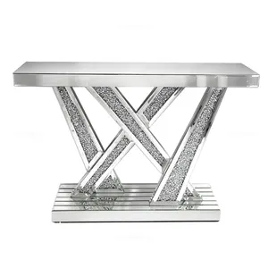 Mesa de console de vidro espelhado, mesa de brilho, brilhante, vidro de prata, espelhado, mesa de console de cristal de diamante