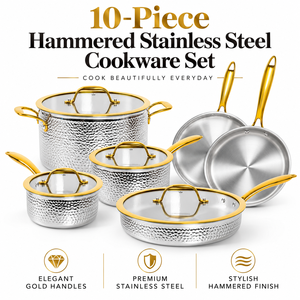 Ensemble de casseroles en acier inoxydable avec poignées dorées, finition martelée, anti-rouille, pour cuisinières à gaz et à induction - Product Image 3
