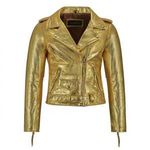 Chaqueta de cuero metálico dorado Jean-Pierre para mujer, estilo motero, con cremallera y detalle de cinturón - Product Image 1