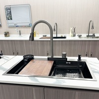 Évier de cuisine en acier inoxydable fait main gris/noir avec grand évier simple, robinet multifonction en cascade, anti-rayures, trois trous