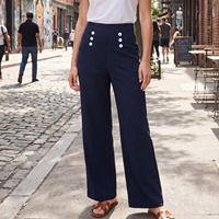Pantalon large vintage décontracté pour femme, bleu marine, taille haute, double rangée de boutons blancs, poches latérales zippées, style marin, polyvalent, collection automne
