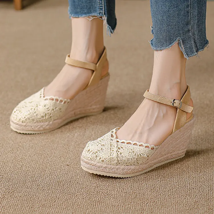 Verano nuevo Slingback cuerda de cáñamo Sandalias de tacón alto zapatos casuales mujeres sandalias de cuña de ganchillo