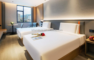 Modern 3 Star Budget Hotel Twin Bedroom Furniture Set 2 <b>Single</b> Wooden <b>Base</b> <b>Beds</b> with Upholstered Headboard Wall Panel Nightstand - Product Image 6