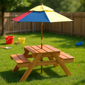 Kids <b>Wooden</b> Picnic <b>Table</b> With Umbrella 3 In 1 Foldable For Ages 3 6 Teak Finish Outdoor <b>Play</b> <b>Table</b> - Product Image 2